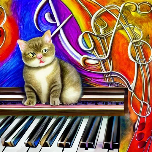 Prompt: british shorthair cat sitting on surreal curved piano keys, surrounded by musical notes, colorful detailed painting in the style of josephine wall 4 k