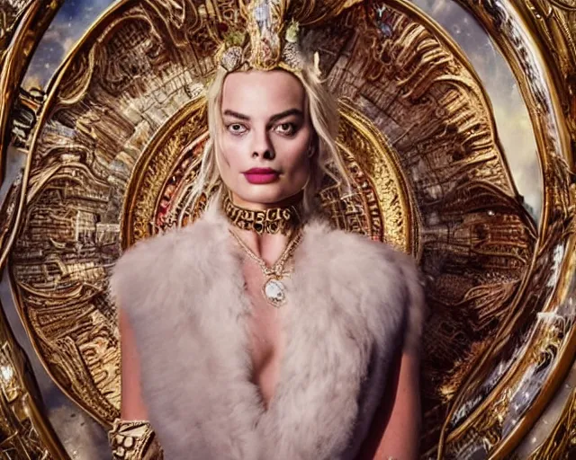 Image similar to Margot robbie as a goddess in heaven, Photography, Cinematic, Portrait, insanely detailed and intricate, hypermaximalist, elegant, ornate, hyper realistic, super detailed