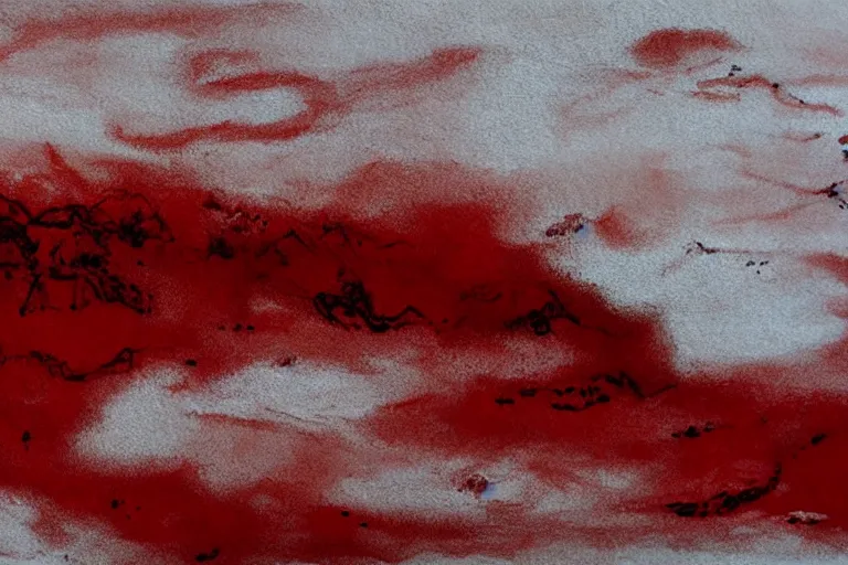 Image similar to ancient martian landscape, minimalistic red and ink airbrush painting on white background