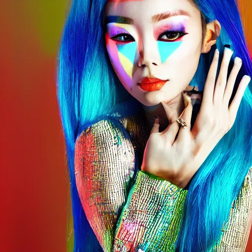 Image similar to japanese model with maximalist hair style and makeup, bright colors, fashion model, portrait shot, glitter, depth of field, 8 k, hyper detailed, intricate, trending on artstation
