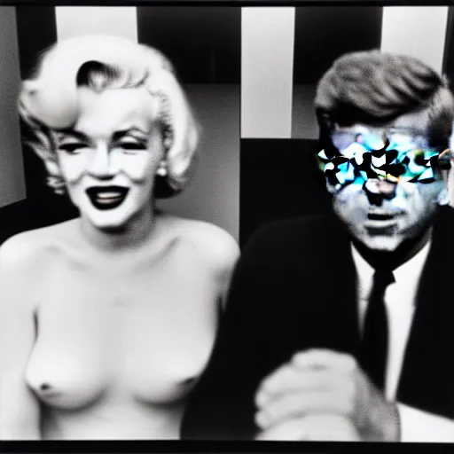 Image similar to damaged photo of marilyn monroe and jfk by diane arbus, black and white, high contrast, out of focus, rolleiflex, 5 5 mm f / 4 lens