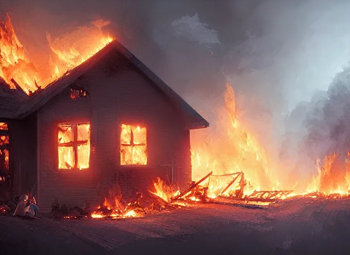 Image similar to bob villa burning down a house while laughing. digital painting. greg rutkowski.