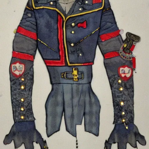 Image similar to a middle aged half - orc wearing a patchwork military uniform jacket with cut sleeves and many charms and baubles worked into the fabric, with an upturned collar. his arms bear rune tattoos, thin fangs show through his lower jaw with a bemused smile. blue grey intelligent eyes. 1 9 th century style