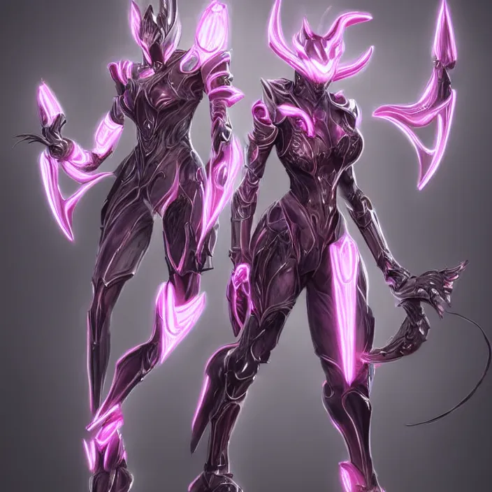 Image similar to highly detailed exquisite fanart, of a beautiful female warframe, but as a stunning anthropomorphic robot female dragon, standing elegantly with hand on hip, shining reflective off-white plated armor, slick elegant design, bright Fuchsia skin, sharp claws, close full body shot, epic cinematic shot, realistic, professional digital art, high end digital art, DeviantArt, artstation, Furaffinity, 8k HD render, epic lighting, depth of field