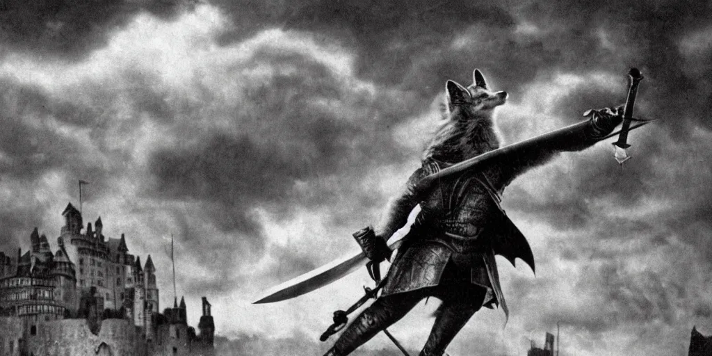 Image similar to anthropomorphic fox who is a medieval knight holding a sword towards a stormy thundercloud 1 9 3 0 s film still, castle in the background