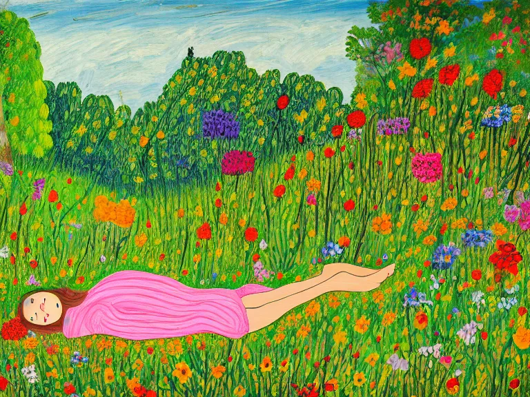 Image similar to painting of view from the distance on girl laying down in the lawn full of flowers that smells like honey amongst forest with her soul connected to the nature around her. in naive art style