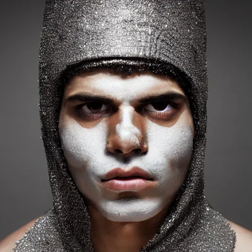Prompt: a close up portrait of a beautiful athletic young persian male with his face covered in silver leaf , photographed by erwin olaf, artistic