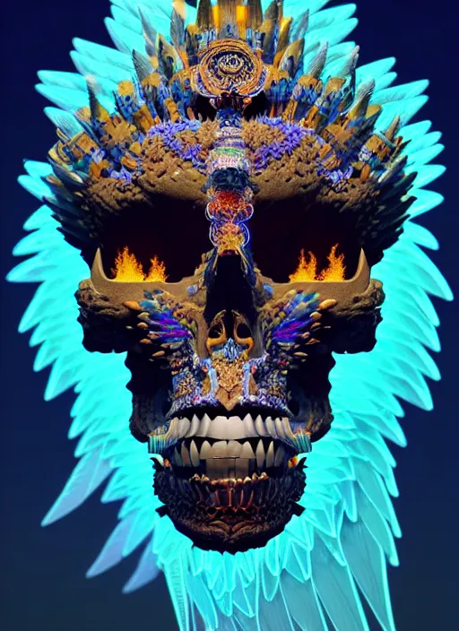 Image similar to 3 d goddess profile portrait, sigma 5 0 0 mm f / 5. beautiful intricate highly detailed quetzalcoatl skull and feathers. bioluminescent, plasma, lava, ice, water, wind, creature, thunderstorm! artwork by tooth wu and wlop and beeple and greg rutkowski, 8 k trending on artstation,