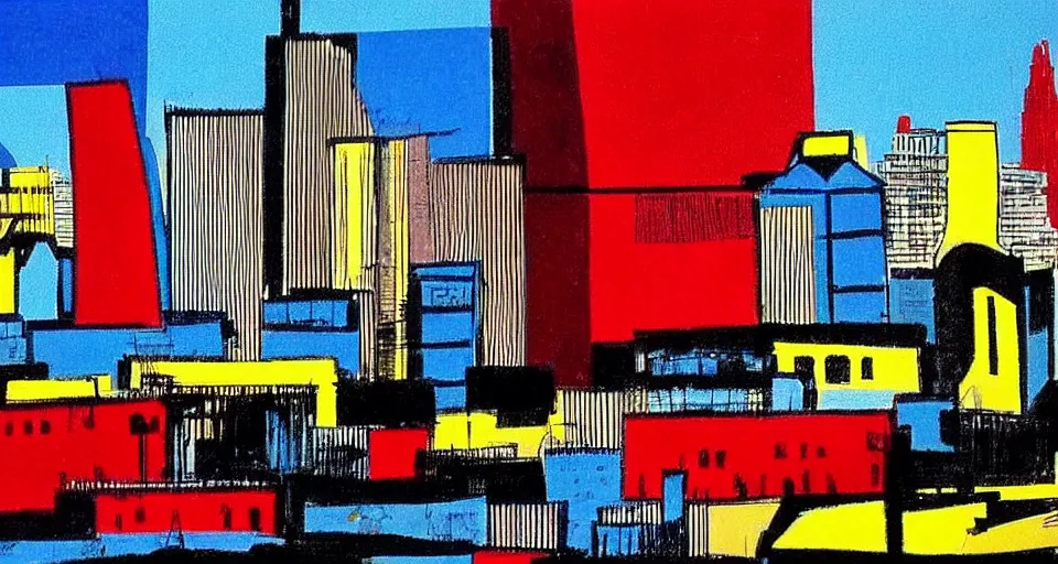 Prompt: color sketch of the london skyline, highly detailed, dramatic lighting, intense shadows, rich deep colours, by roy lichtenstein