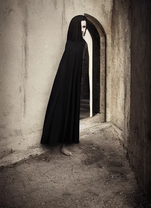 Prompt: a 1 4 year old girl with straight long black hair wearing black dress, photo by michal karcz and monia merlo