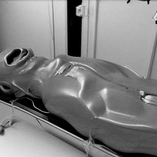 Image similar to photo of an alien autopsy, black and white, wide angle