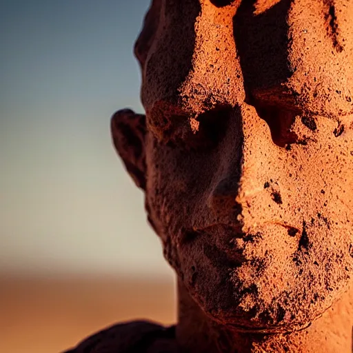 Image similar to cinematic still of a gust of wind blowing red clay sculpture of 30 year old middle eastern man head and shoulders in a human head and shoulders, strong, muscular, mysterious, fantastical, miraculous, epic, light rays, cinematic, Biblical epic directed by Steven Spielberg