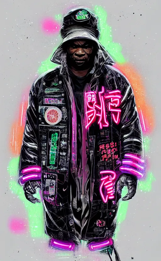 Prompt: detailed portrait Mike Tyson Neon Operator, cyberpunk futuristic neon, reflective puffy coat, decorated with traditional Japanese ornaments by Ismail inceoglu dragan bibin hans thoma !dream detailed portrait Neon Operator Girl, cyberpunk futuristic neon, reflective puffy coat, decorated with traditional Japanese ornaments by Ismail inceoglu dragan bibin hans thoma greg rutkowski Alexandros Pyromallis Nekro Rene Maritte Illustrated, Perfect face, fine details, realistic shaded, fine-face, pretty face