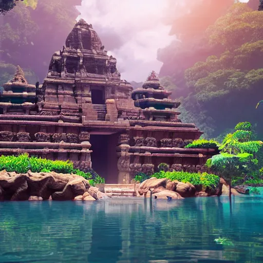 Prompt: 4 k unreal engine render of an ancient never seen before indian high detail temple islands. complex architecture with intricate aetheral pilars. high detailed water. jungle background. afternoon light. hyper realistic render, digital illustration, trending on art station
