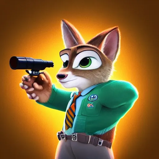 Image similar to “portrait of a cartoon animal, zootopia movie style, pointing a laser gun at the camera, digital art, 4k, award winning”