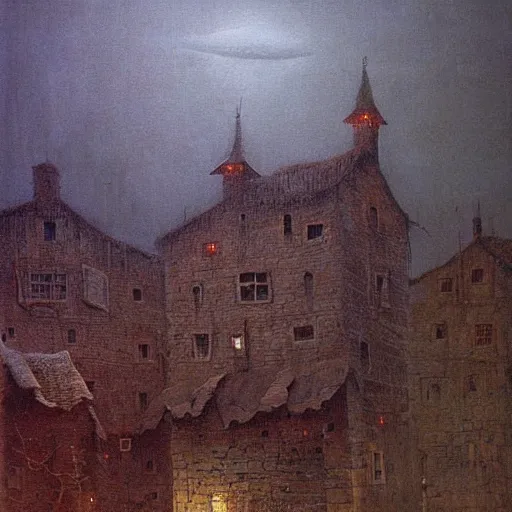 Image similar to an very high detaild oil painting of an old european medieval village painted by beksinski, eerie, midnight