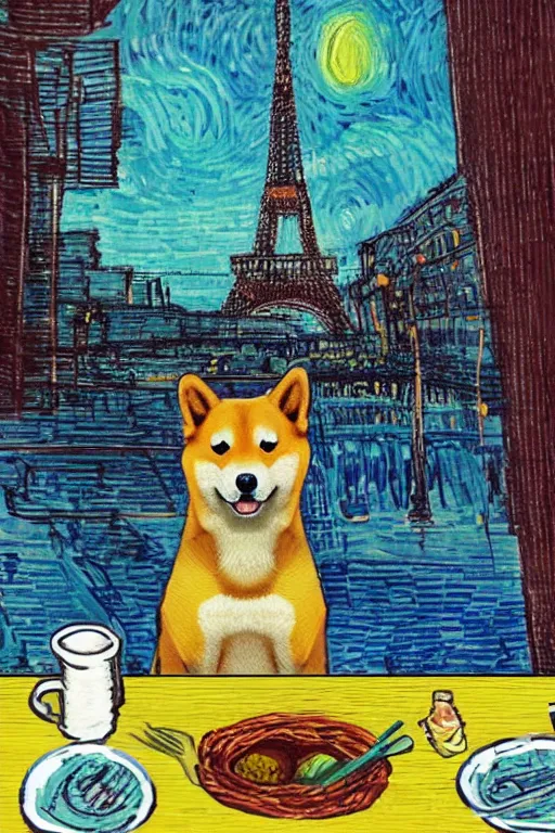 Image similar to a portrait of a shiba inu dinner date, in paris, france, with the eiffel tower in the background, in the style of van gogh and studio ghibli, artistic