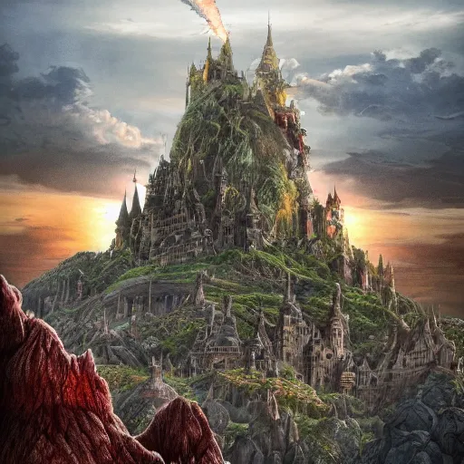 Image similar to large fantasy castle rising from the top of a giant tortoise that is centered in frame, towering over a harsh barren wasteland, howls moving castle, mortal engines, kaiju, distant shot from the air, fantasy, hyper detailed, 4 k