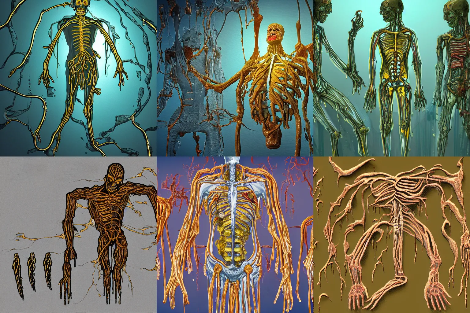 Prompt: concept art of a sci-fi laboratory containing zombie with body made of exposed guts and veins, dripping golden shiny metalic cascade of fluid from ribcage