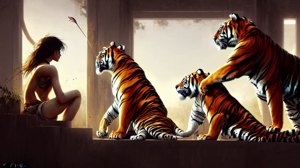 Image similar to the relationship between a girl and a tiger. they love each other, girl with beautiful woman body, detailed digital art by greg rutkowski.