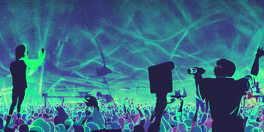 Image similar to rapping into microphone, silhouette, huge crowd, outrun, hip hop, digital art, Aurora borealis, trending on Artstation, professional artist, detailed, 4k