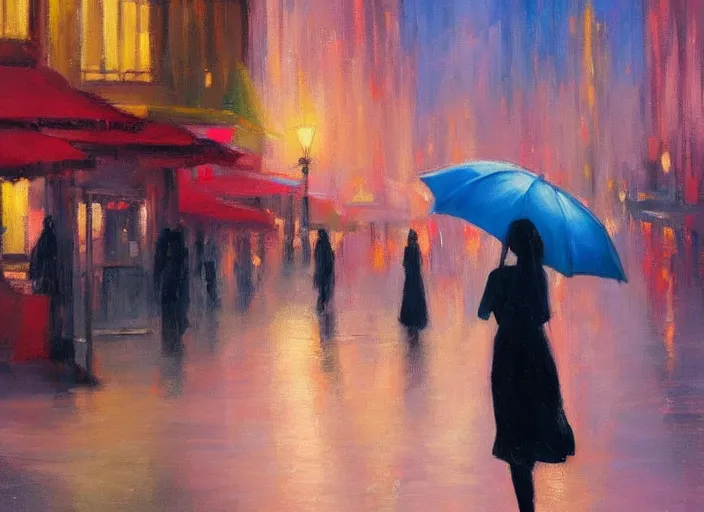 Prompt: evening city scene with young woman with umbrella. beautiful use of light and shadow to create a sense of depth and movement. using energetic brushwork and a limited color palette, providing a distinctive look and expressive quality in a rhythmic composition