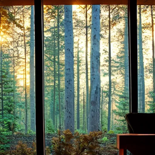 Prompt: rainy forest viewed from the inside of a cabin, at sunset. big glass windows, cozy furniture, warm colors.
