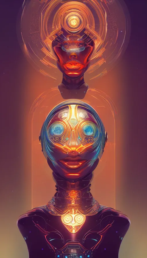 Image similar to Character design of a scifi psychedelic robot shaman, symmetrical, center punched, Archviz, elegant, intricate, digital painting, artstation, concept art, smooth, sharp focus, illustration, art by artgerm and greg rutkowski and alphonse mucha