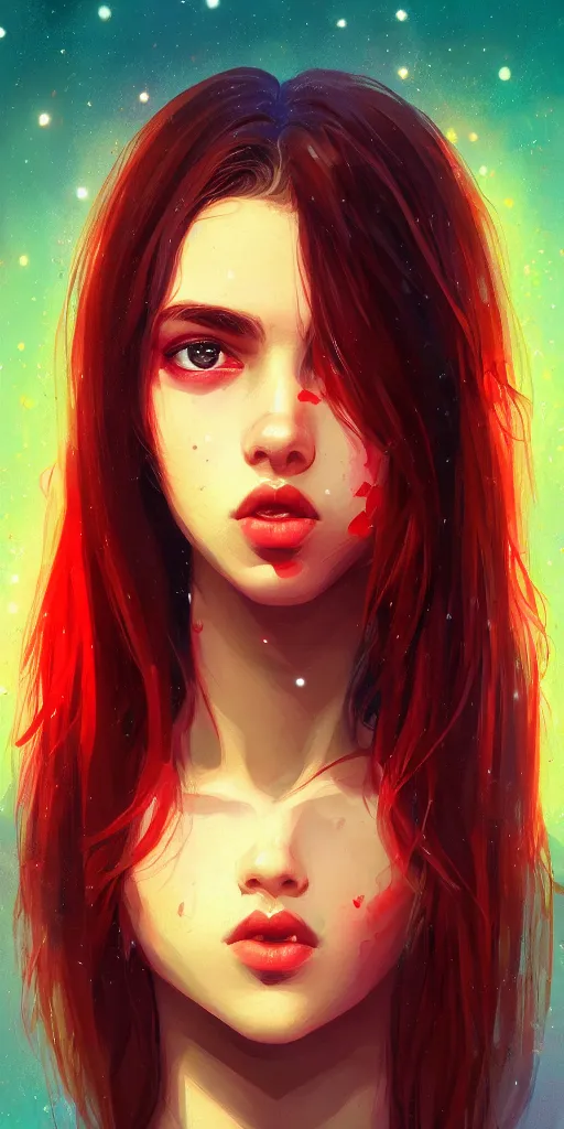 Image similar to colorful and festive captivating teenager with straight brown hair covering his eye, dark skin, big lips, big eyes, wearing a red t - shirt. rich vivid colors, ambient lighting, dynamic lighting, 4 k, atmospheric lighting, painted, intricate, highly detailed by charlie bowater