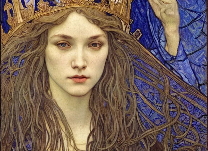 Image similar to detailed realistic beautiful young medieval queen face portrait by jean delville, alphonse mucha, vincent van gogh, and marco mazzoni, art nouveau, symbolist, visionary, gothic, pre - raphaelite