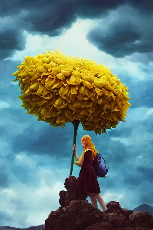 Image similar to closeup girl with giant yellow dahlia flower face, standing on mountain, surreal photography, blue storm clouds, dramatic light, impressionist painting, digital painting, artstation, simon stalenhag