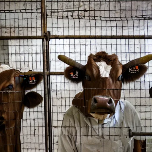 Prompt: inmates weating cow heads inside a jailcell