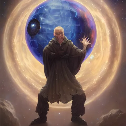 Image similar to the creator of worlds wearing a cloak and holding a holographic planet projection in his hand, detailed, sci - fi, digital painting, artstation, sharp focus, illustration, ominous, artgerm, tomasz alen kopera, peter mohrbacher, donato giancola, joseph christian leyendecker, wlop, frank frazetta