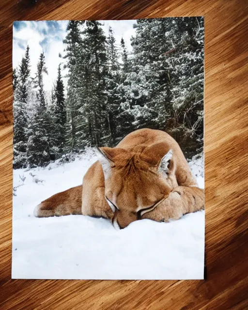 Prompt: ripped up postcard showing 'a cougar sleeping in the middle of snowy pine tree' laying on coffee table, zoomed out shot, HD, iphone capture, rips, tears