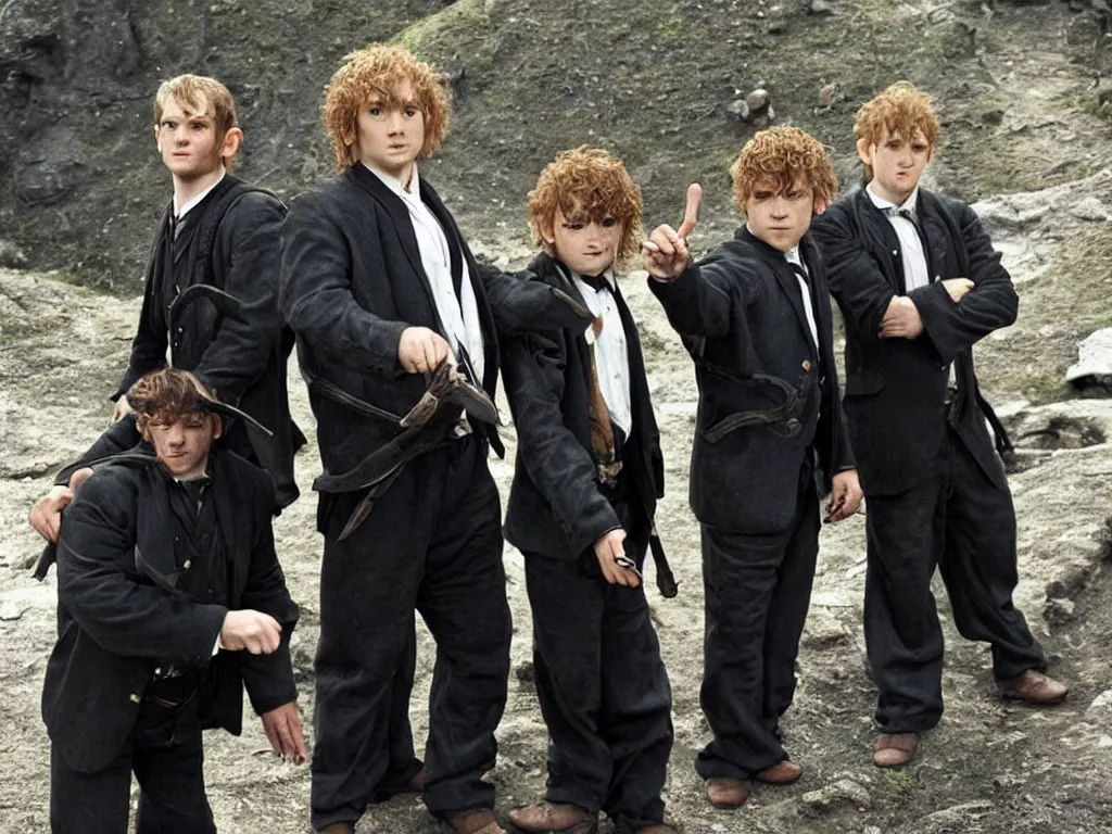 Image similar to hobbits as men in black