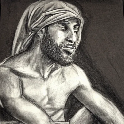 Image similar to 25 year old Mediterranean man, biblical clothing, scared, terrified, frightened, horrified, charcoal sketch