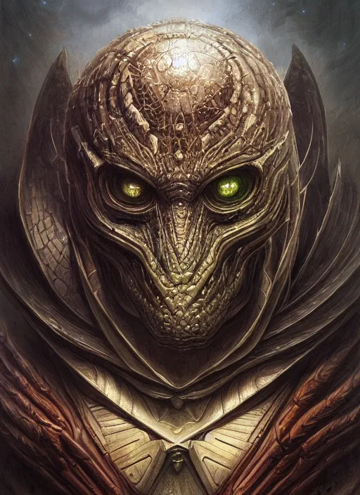 Image similar to evil dark spaceship mf doom reptile eyes, cosmic horror, intricate, elegant, highly detailed, centered, digital painting, artstation, concept art, smooth, sharp focus, illustration, artgerm, tomasz alen kopera, peter mohrbacher, donato giancola, joseph christian leyendecker, wlop, frank frazetta