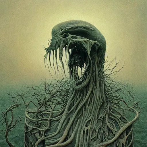 Prompt: a hyperrealistic colorful painting of a psychedelic alien nightmare, by john kenn mortensen and zdzislaw beksinski, highly detailed, vivid color,