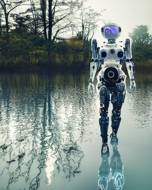 Image similar to beautiful centered photo portrait of hoyeon jung as a solarpunk robotic humanoid with white mechanical parts with bright halogen lights, walking through calm lake water, ultra - realistic and detailed, foggy background, soft focus, slow exposure hdr 8 k