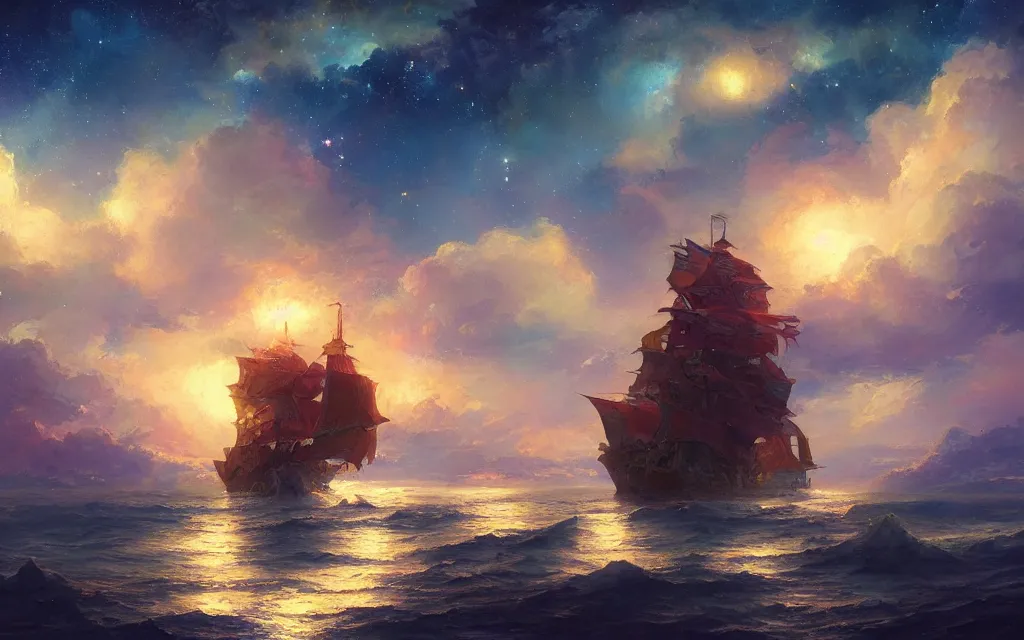 Image similar to a beautiful painting of ancient ancient building ship shining in the sea of stars and clouds, by krenz cushart, trending on artstation. colorful color scheme