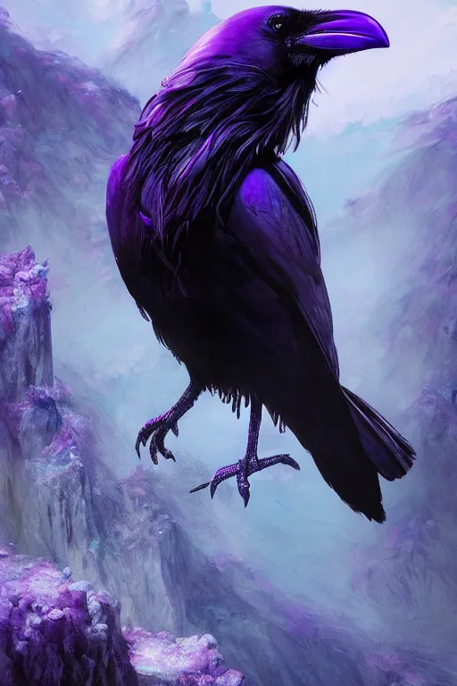 Image similar to portrait of a beautiful one raven perched on purple crystals that are glowing in a misty valley, establishing shot, extremly high detail, foto realistic, cinematic lighting, by yoshitaka amano, ruan jia, kentaro miura, artgerm, post processed, concept art, artstation, raphael lacoste, alex ross