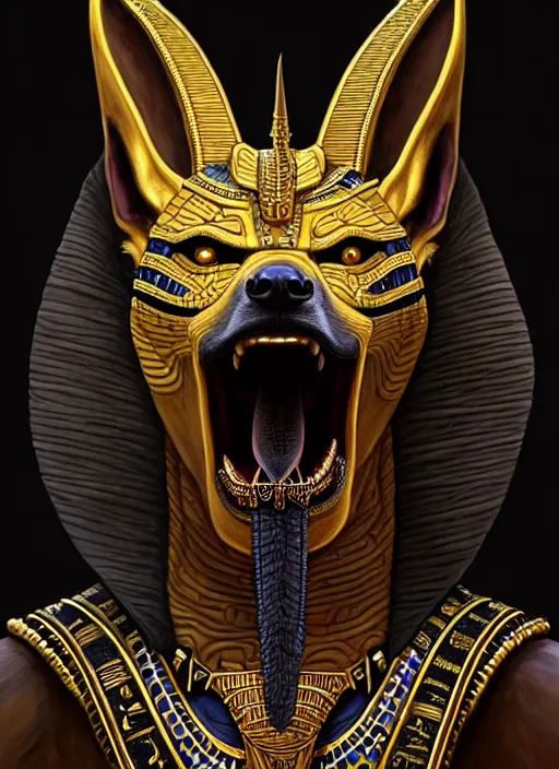 Image similar to angry god anubis, growling jackal with egyptian headdress and nemes, ornate art nouveau scarabs, black and gold palette, symmetry, fantasy, intricate, elegant, highly detailed, colorful, dark colors, dramatic shadow, digital painting, artstation, concept art, art by artgerm and greg rutkowski and ruan jia,