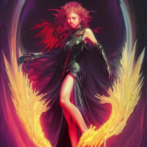 Image similar to young vampire princess with burning wings 4 k high definition colorful dramatic lighting artstation trending path traced contrast light and dark cinematic breathtaking saturated by noriyoshi ohrai, patrick woodroffe, and hans zatzka