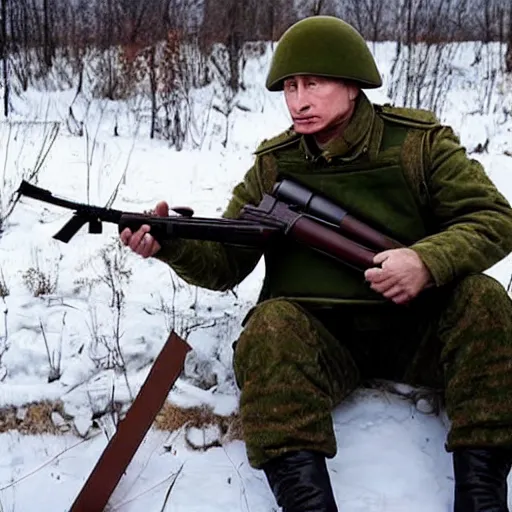 Image similar to Putin is sitting in the trenches and defending himself from Ukrainian troops, household style