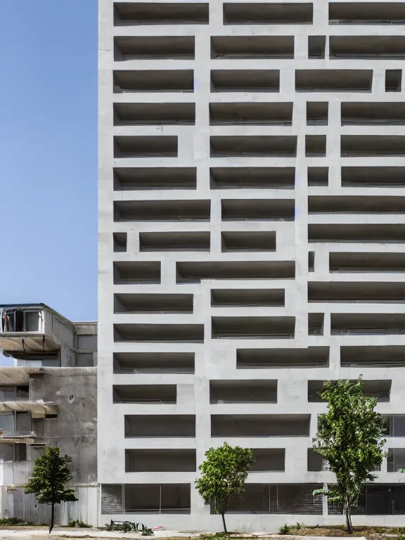 Prompt: low - cost concrete - paneled five - storied apartment building