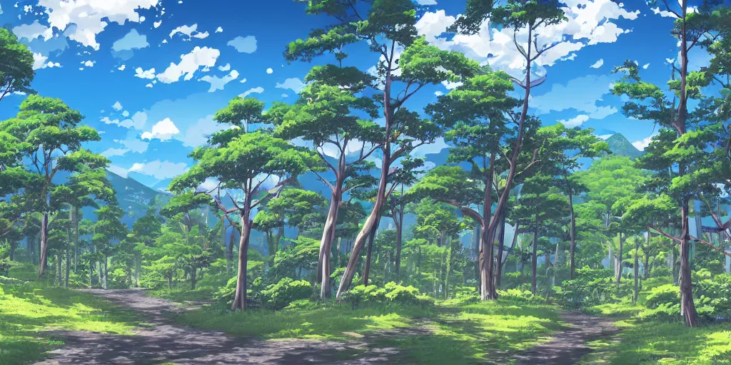 Prompt: high detail sharp anime gouache background , big forest and house near lake , cyan background atmosphere , panorama painting by kyoto animation