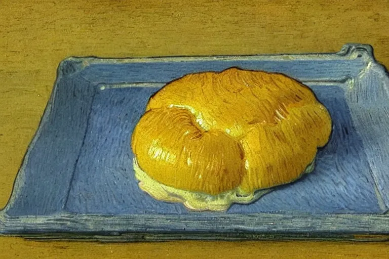 Prompt: atmospheric beautiful bun on a tray with butter on a plate of chinese porcelain, wrote van gogh