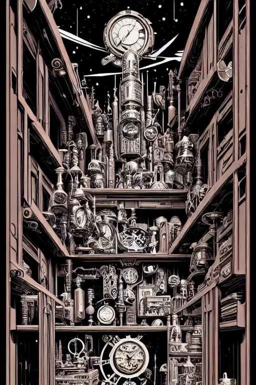 Image similar to a majestic steampunk alchemists bookshelf, two point perspective, furniture, high details, bold line art, by vincent di fate and joe fenton, inking, etching, screen print, masterpiece, trending on artstation, sharp, high contrast, hyper - detailed,, hd, 4 k, 8 k