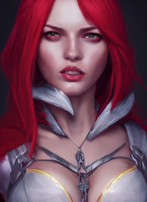 Prompt: katarina, from league of legends, au naturel, hyper detailed, digital art, trending in artstation, cinematic lighting, redhead, studio quality, smooth render, fluorescent skin, unreal engine 5 rendered, octane rendered, art style by klimt and nixeu and ian sprigger and wlop and krenz cushart