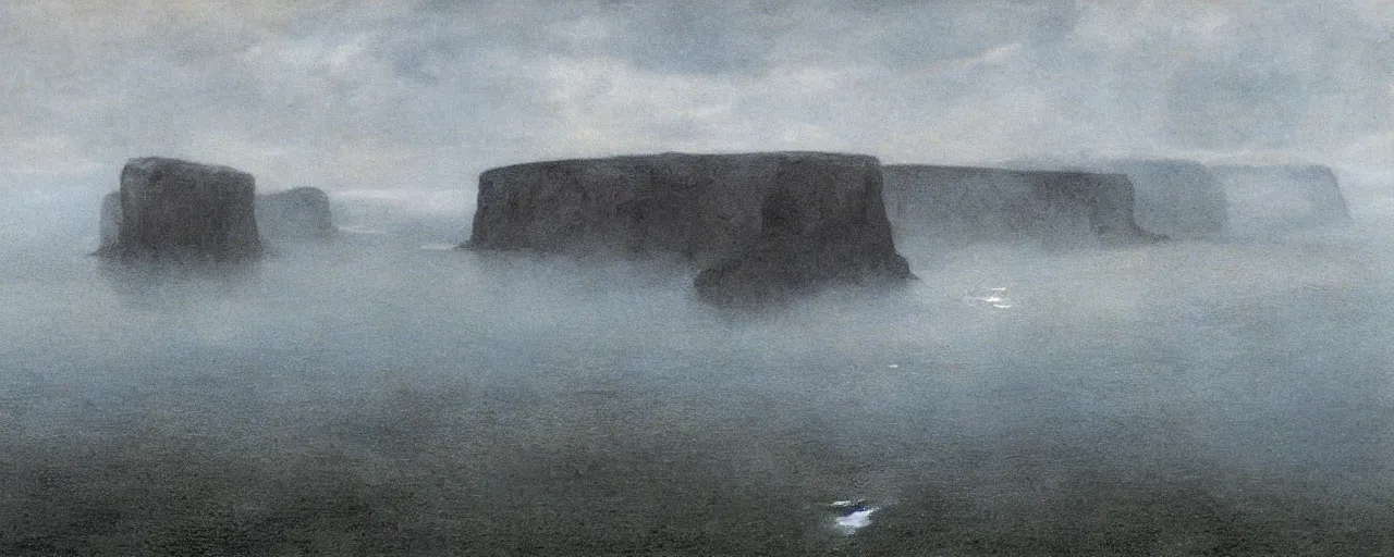 Image similar to misty black cliffs over steamy water by Fernand Khnopff, matte painting